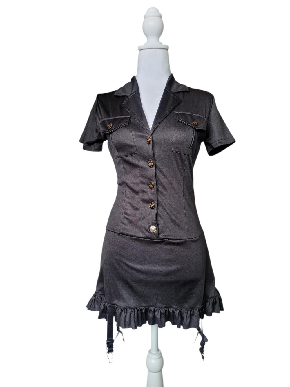 Leg Avenue Naughty Cop Black Minidress Ruffle Hem Garter Straps